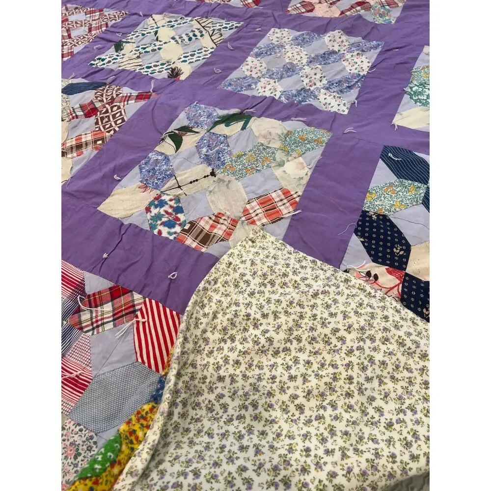 vintage 60-70's handmade patchwork quilt blanket twin size cottage core 6X5